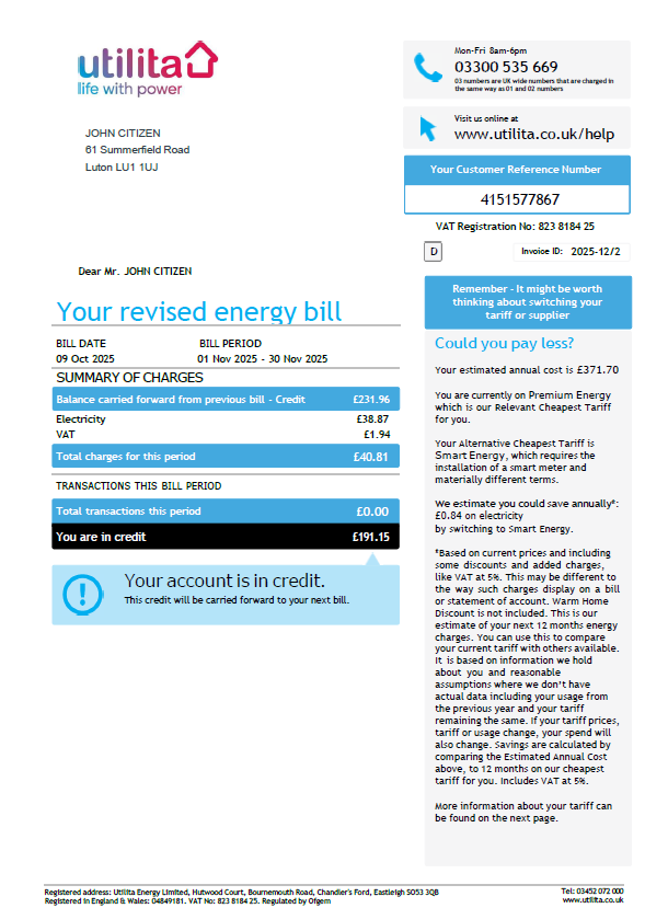 United Kingdom Utilita Energy utility bill template in Word and PDF formats
